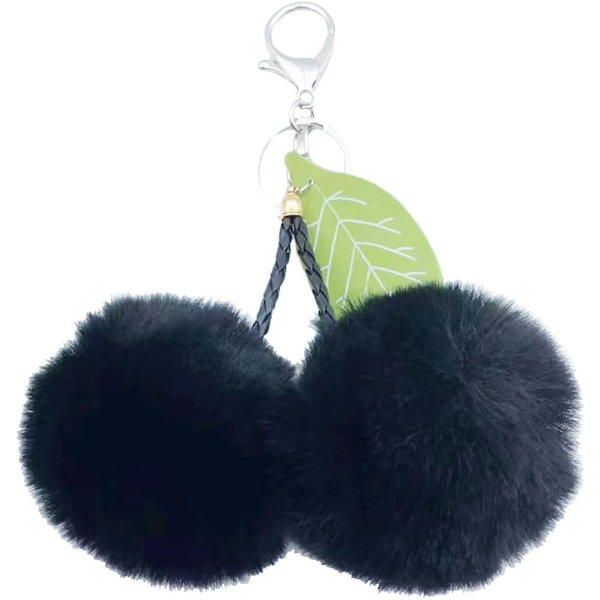 Pom Pom Nøkkelring Kunstig Pels Ball Nøkkelringer Fluffy Tote Anheng Bil Veske Sjarme Cherry Black