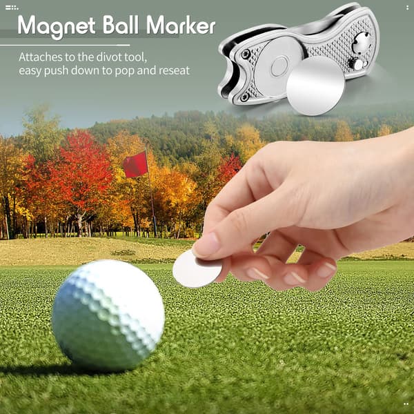 4-delt foldbart divot-reparationsværktøj med magnetisk boldmarkør, rustfrit stål springknivdesign til golftilbehør, gaver og præmier Silver