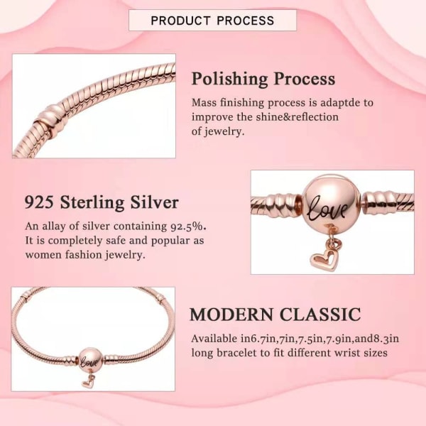 925 Sterling Silver Rose Gold Snake Chain Armband Basic 18cm