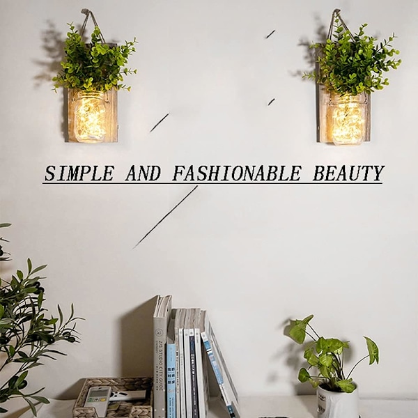 Rustika vägglampor, Mason Jar-lampor, bondgårdsdekor, LED-fe-lampor, grön konstgjord växt, varmtonad belysning för inredning. (2-pack)