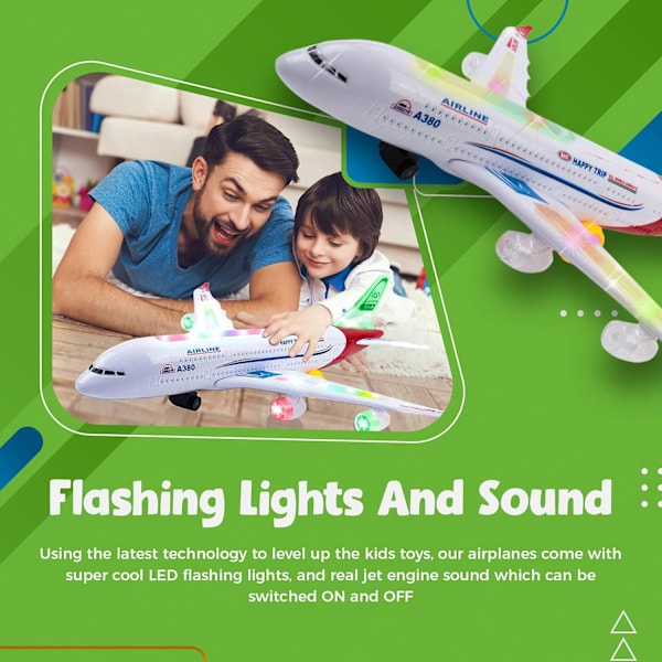 Leksaksplan för barn, Bump and Go Action, Leksaksplan med LED-blixtljus och ljud för pojkar och flickor 3-12 år (Airbus A380)