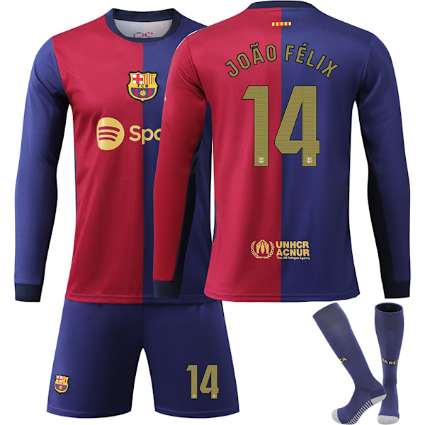 Barcelona Hemma Long Sleeve Fotbollströja Barn Fotbollsutrustning 24-25 No.14 Joao Felix M