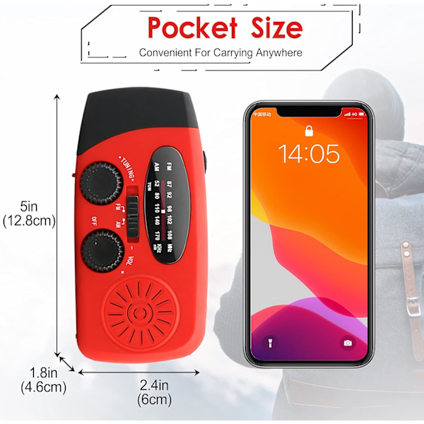 Hätäkäyttöinen käsikäyttöinen radio LED-taskulampulla hätätilanteisiin, AM/FM NOAA -sääradio 2000 mAh:n virtapankilla puhelimen lataukseen, USB-lataus ja aurinkoenergia Red