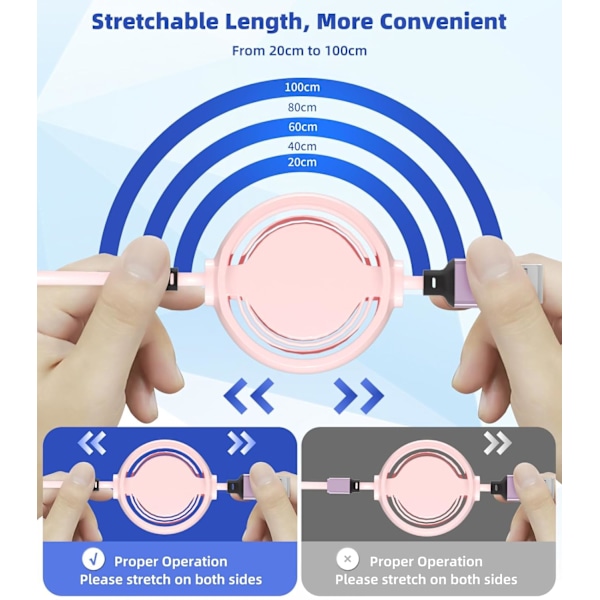 3-i-1 Retraktil Laddningskabel [3A, 1m] Multi USB-kabel Snabbladdare för Telefon, Samsung, iPad, Surfplattor, Switch och Mer Pink