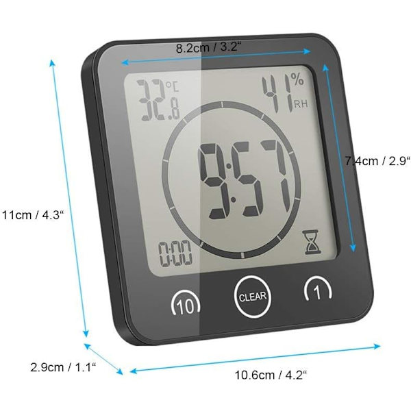Duschklocka Vattentät, Digital Klocka Timer Klocka med Alarm, Badrumsklocka med Sugkopp, Temperatur Fuktighetsdisplay, 3 Monteringsmetoder Black