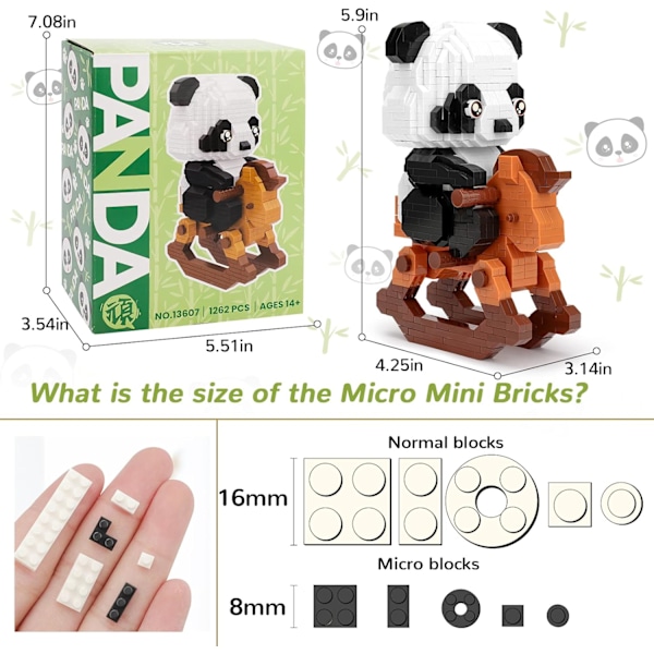 Mini Dyrebyggesæt til Goodie Bags, Festgaver til Børn, 1262 Stykker Lille Sæt Mikro Mini Sød Panda Byggelegetøjsklodser til Voksne C