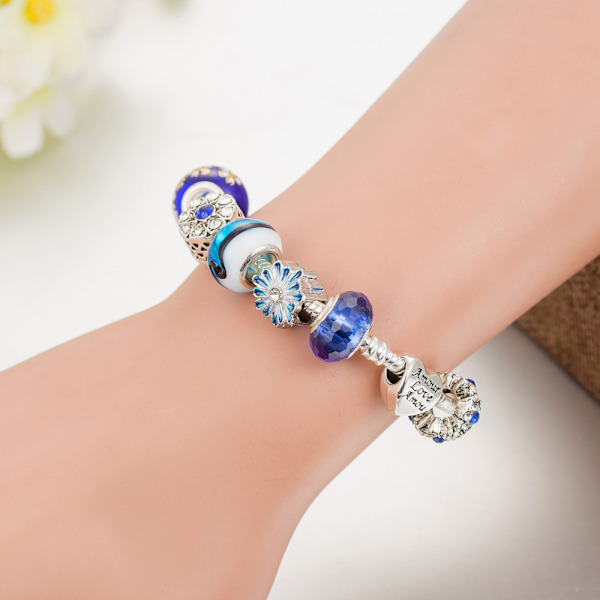 Dam Charm Armband, Blått Blommigt Pärlarmband