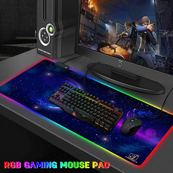 Gaming Musematte RGB 900 x 400 x 4 mm XXL Stor Musematte Frynsløse Kanter Vanntett Skrivebordsunderlag Bordunderlag Kontor Sklisikker Gaming Musematte