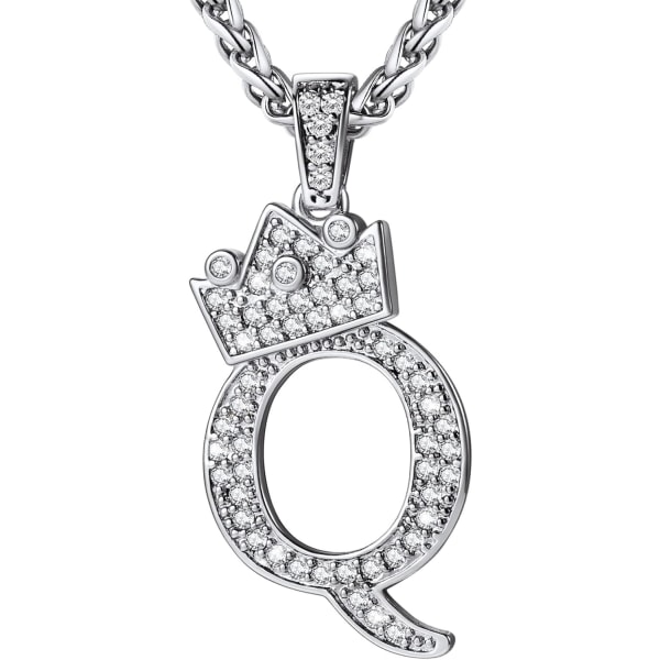 Krona Initial A-Z Halsband, Iced Out Letter Hänge med 22-24 Tums Kedja, Män Kvinnor Bling Hip Hop Alfabet Namn Smycken Present Stora Initialer Halsband Q Silver