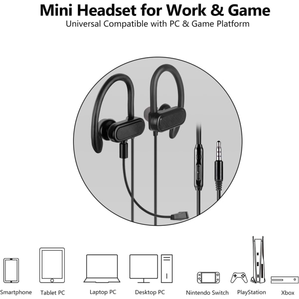 Mini-headset för spel och webbkonferenser, 3,5 mm hörlurar med bommikrofon och öronkrokar för PC, mobil, Xbox Series X/S, Xbox One, PS5, PS4, PlayStation