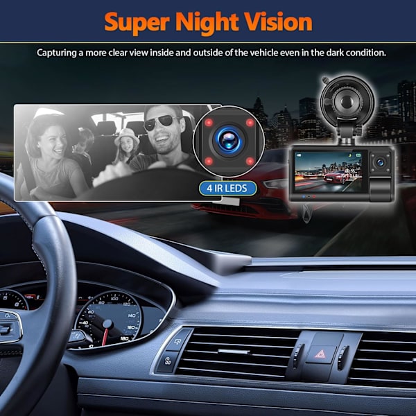 3-kanals dashcam fram och bak inuti, Full HD 1080P dashcam för bilar med Super Night Vision Loop Recording G-Sensor APP-kontroll 150° vidvinkel 3