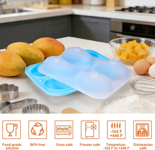 4-hulrum 3D Mangoform Silikoneform, Realistisk Frugt Silikone Bageform til Mousse Kage, Budding, Is, Gelé, Chokolade,