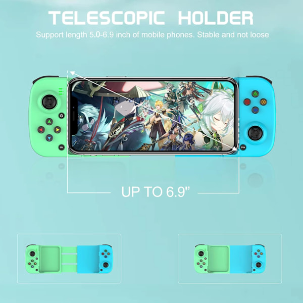 Bluetooth-kontroller för iPhone, Android, direkt uppspelning, låg latens, telefonkontroller spelkontroll joystick för Galaxy S23 S22 S21 20 Ultra, iPhone 14 13 1 Green+Blue