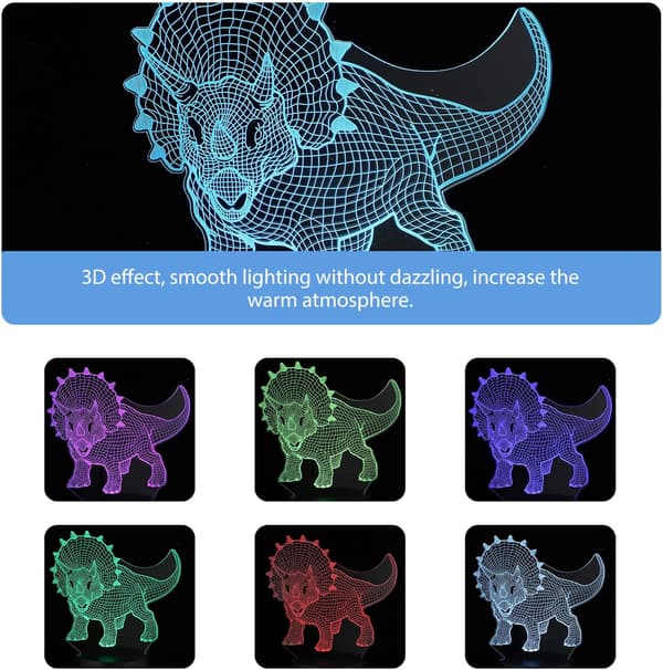 3D nattlampa med touch-kontroll, dinosauriedesign, optisk illusion