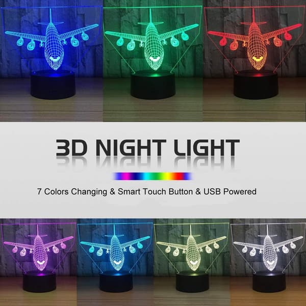 Flyvemaskine Natlampe 3D Illusion Lampe 7 Farveskiftende Touch