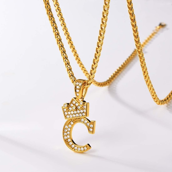 Krone Initial A-Z Halskæde, Iced Out Bogstav Vedhæng med 22-24 Tommer Kæde, Mænd Kvinder Bling Hip Hop Alfabet Navn Smykker Gave Store Initialer Halskæder C 18K Gold