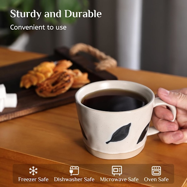Bladkrus, 330 ml Keramisk Kaffekopp for Te Latte Cappuccino, Søt Unik Steinvare Tekopp med Håndtak Brown Leaf