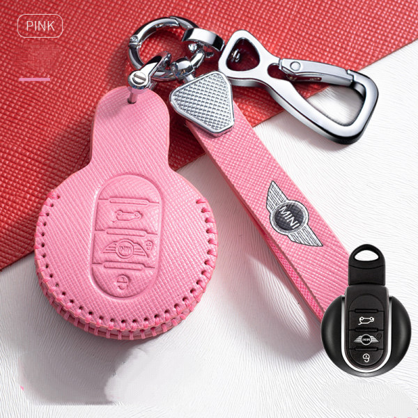 Ægte læder Smart Key Fob Cover Cover Protector med læder nøglering Kompatibel til BMW Mini