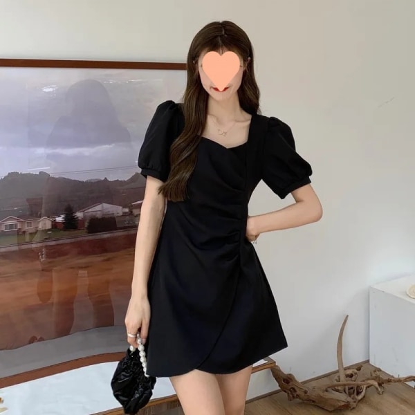 Färg fyrkantig chiffongklänning kortärmad klänning (svart L)