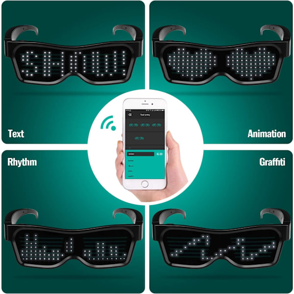 LED-briller, Bluetooth APP-tilkoblede LED-skjermbriller USB-oppladbare DIY Funky-briller for festklubb DJ Halloween jul (tekst, graf