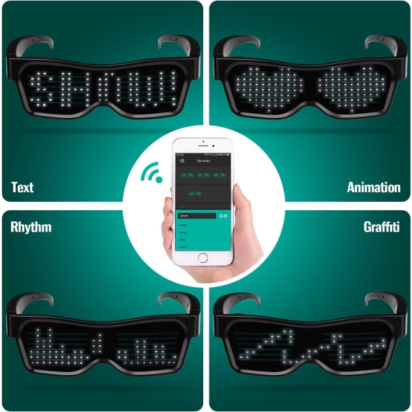 LED-glasögon, Bluetooth APP-anslutna LED-display Smart Glasses USB-laddningsbara DIY Funky Eyeglasses för festklubb DJ Halloween Jul(Text, Graf