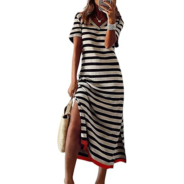 Sommerkjole Casual Dame Mote Kortermet Maxikjole T-skjortekjole Stripet Lang Fargeblokk Maxikjole XL