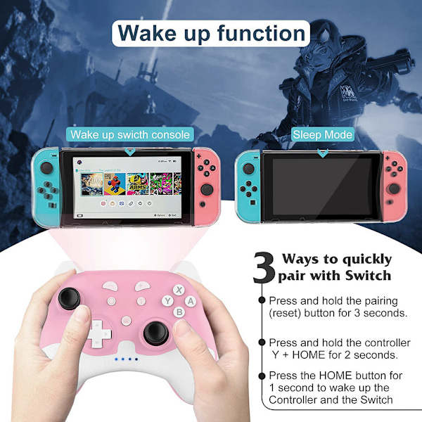 Switch Pro-kontroller for Nintendo Switch/Switch Lite/OLED, trådløs Switch-kontroller med LED-lys og vekkefunksjon, ergonomisk sklisikker