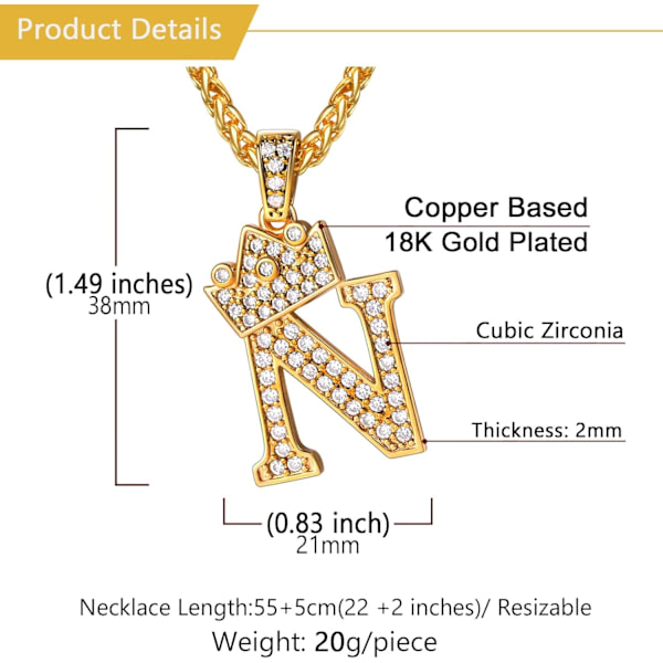 Krone Initial A-Z Halskæde, Iced Out Bogstav Vedhæng med 22-24 Tommer Kæde, Mænd Kvinder Bling Hip Hop Alfabet Navn Smykker Gave Store Initialer Halskæder N 18K Gold