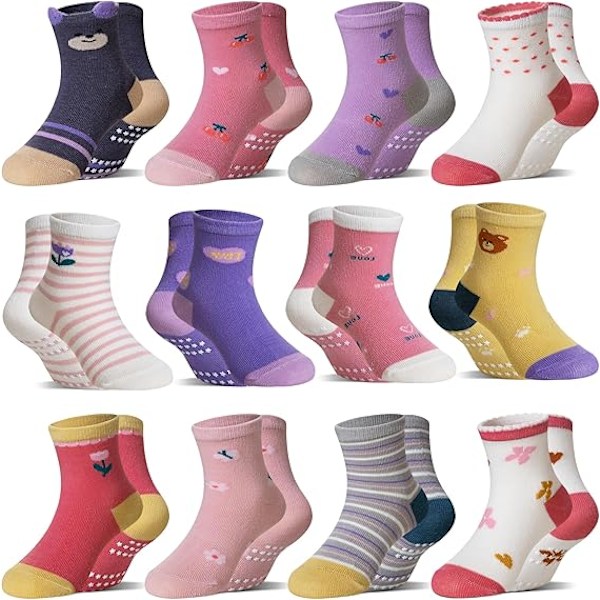 Babytyttöjen Grips-sukat Lapsille Liukumattomat Taapero Vauvat Liukumattomat Puuvillaiset Crew-sukat 12 Paria C 3-5T