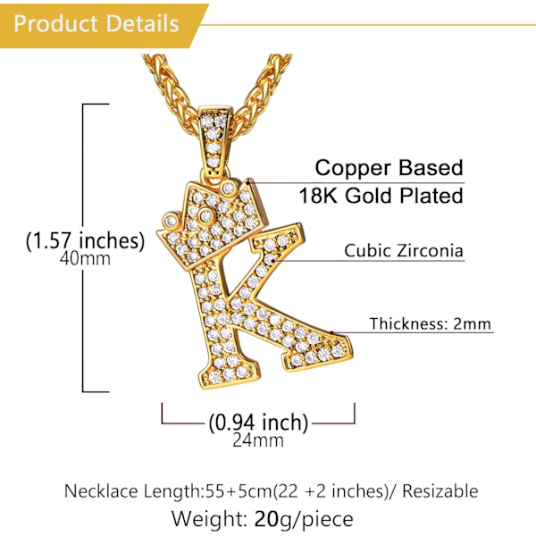 Krone Initial A-Z Halskæde, Iced Out Bogstav Vedhæng med 22-24 Tommer Kæde, Mænd Kvinder Bling Hip Hop Alfabet Navn Smykker Gave Store Initialer Halskæder K 18K Gold