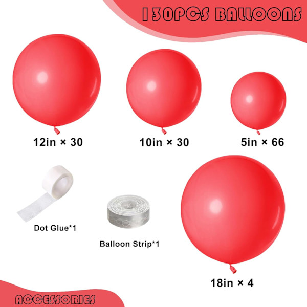 130 stk. røde balloner i forskellige størrelser 18\" 12\" 10\" 5\" ballonbue guirlande sæt perfekt til fødselsdagsfest, dimission, babyshower, bryllup, ferie dekoration Red