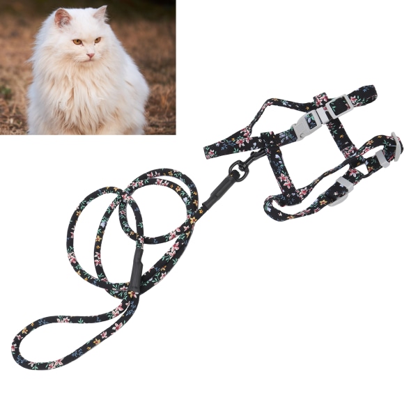Japanese Style Cat Justerbar Sele Snor sæt Bryst Ryg Traction Cat Walking Rope Black Flower M