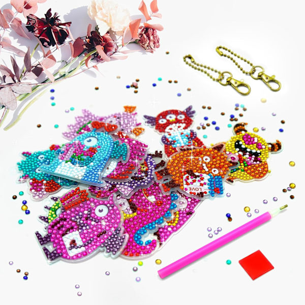 Kunstmaleri Nøgleringe, 12stk 5D Monster Diamanter Maleri Nøgleringe Tegneserie DIY Diamant Dekorative Tilbehør  Kunst & Håndværk til Børn Voksne