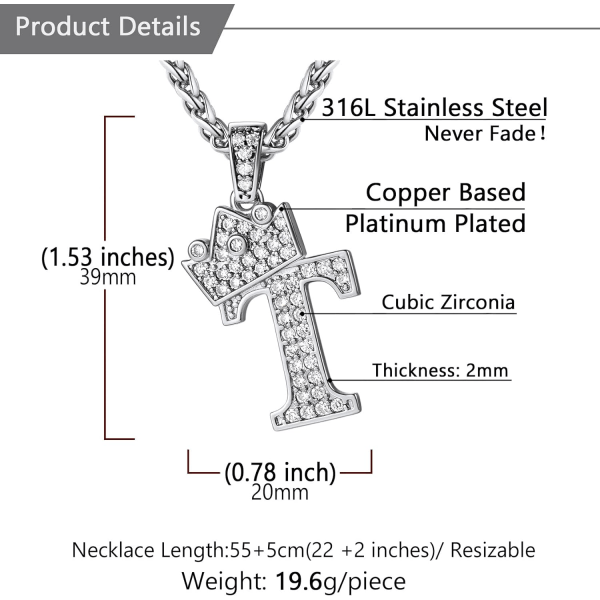 Krone Initial A-Z Halskjede, Iced Out Bokstavanheng med 22-24 Tommers Kjede, Menn Kvinner Bling Hip Hop Alfabet Navn Smykker Gave Store Initialer Halskjeder T Silver