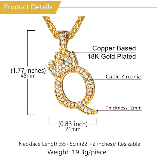 Krone Initial A-Z Halskæde, Iced Out Bogstav Vedhæng med 22-24 Tommer Kæde, Mænd Kvinder Bling Hip Hop Alfabet Navn Smykker Gave Store Initialer Halskæder Q 18K Gold