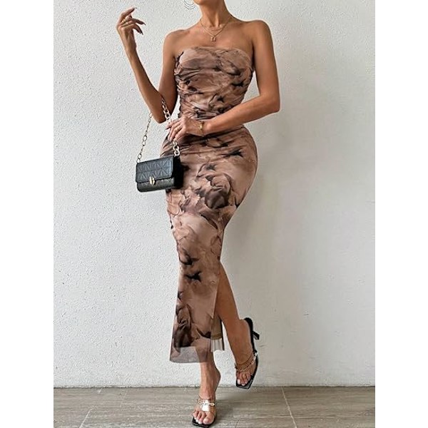Sommerkjole til kvinder med print, stropløs tube top kjole, bodycon maxikjole med sideslids og lag af mesh L