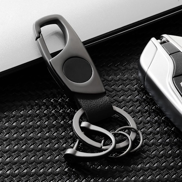 Karabinhage nøglering, nøgleringe til bilnøgle med 2 nøgleringe og anti-tabt D-ring, multifunktionelle lædernøgleringe til mænd og kvinder – grå (sort læder) Grey Black Leather