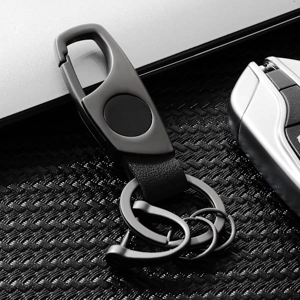 Karbinhake Nyckelring, Nyckelringar för Bilnyckel med 2 Nyckelringar och Anti-Lost D-Ring, Multifunktionella Lädernyckelringar för Män och Kvinnor – Grå(Svart Läder) Grey Black Leather