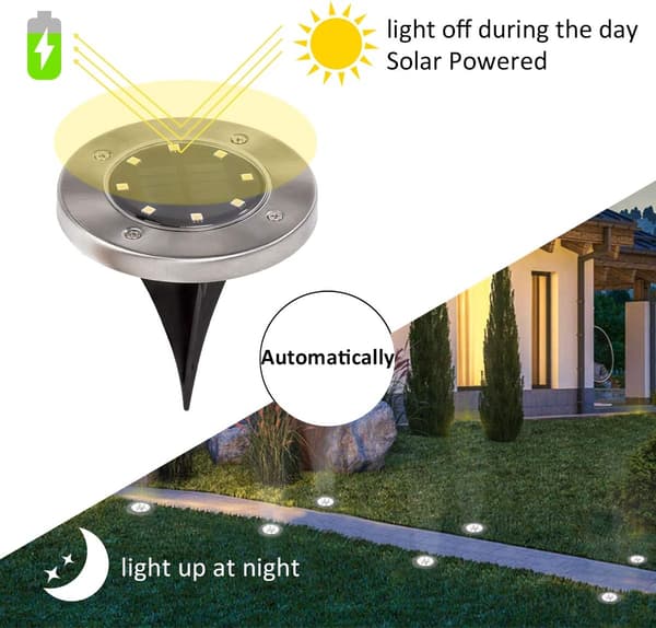 4-pak solcellelamper til jorden, 8 LED solcelledrevne disklys