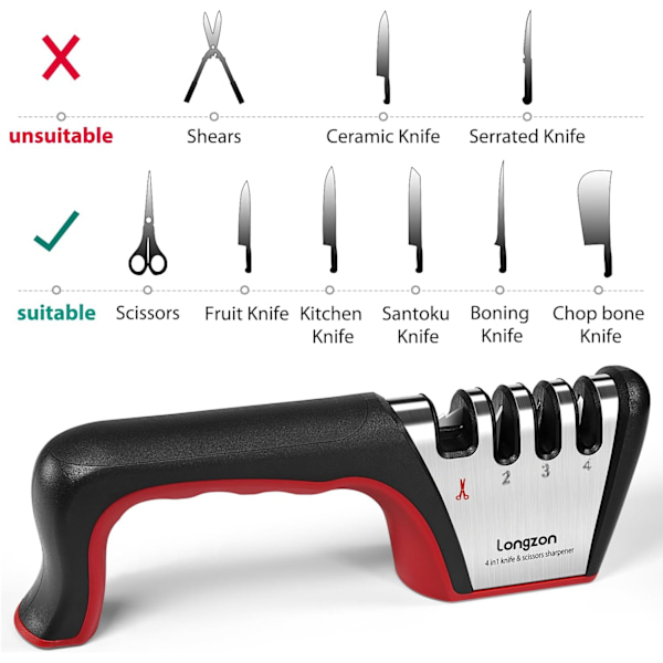 4-i-1 Knivsliper [4 Trinn] med et Par Kuttsikre Hansker, Original Premium Poleringsblader, Beste Kjøkkenknivsliper Re Black+Red