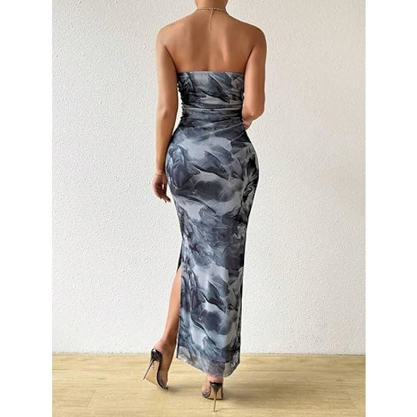 Sommerkjole til kvinder med print, stropløs tube top kjole, bodycon maxikjole med sideslids og lag af mesh M