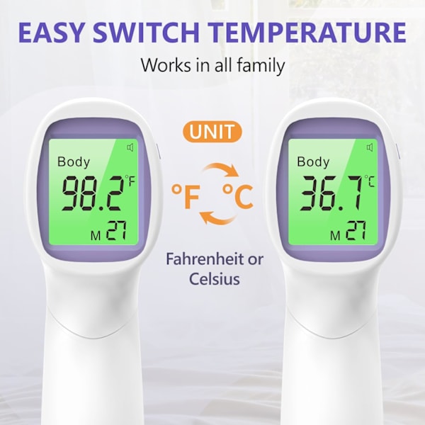 Berøringsfrit pandetermometer til voksne og børn, basaltermometer, digitalt termometer med feberalarm, let for alle aldre, 3 Ba