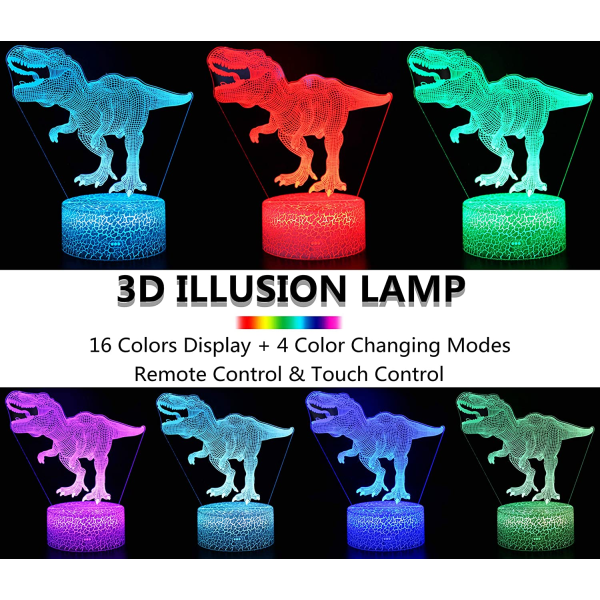 Dinosaurie Nattlampa Barn 3D Illusion Bordslampa Fjärrkontroll