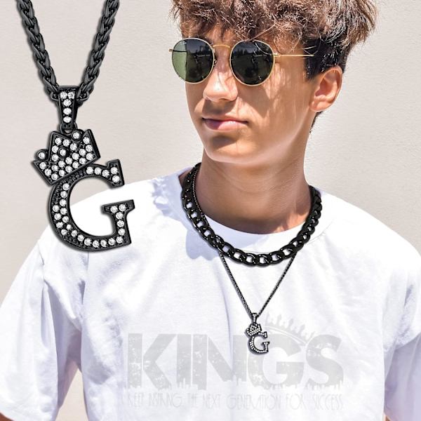 Krone Initial A-Z Halskæde, Iced Out Bogstav Vedhæng med 22-24 Tommer Kæde, Mænd Kvinder Bling Hip Hop Alfabet Navn Smykker Gave Store Initialer Halskæder G Black