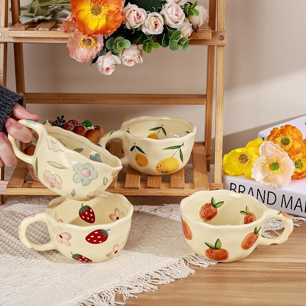 Keramisk Kaffekrus, Sød Blomster- og Frugtkop, Par Krus 250 ml til Latte Te Mælk, Velegnet til Mor på Mors Dag Cream Yellow