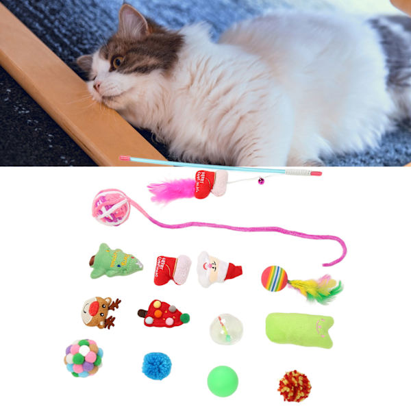 14 st interaktiva katt-leksaker med färgglada fjädrar och plyschstrumpor med jultema