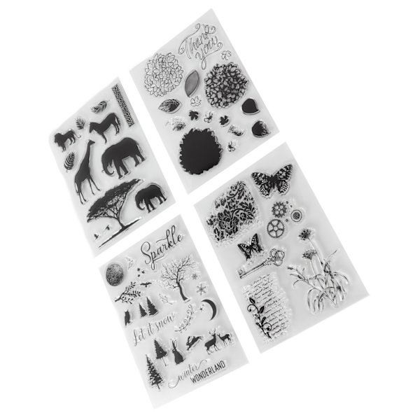 4 stk. gjennomsiktige stempler med unikt design, resirkulerbare, enkel betjening, transparente stempler for DIY-kort, utklippsbøker og håndverk
