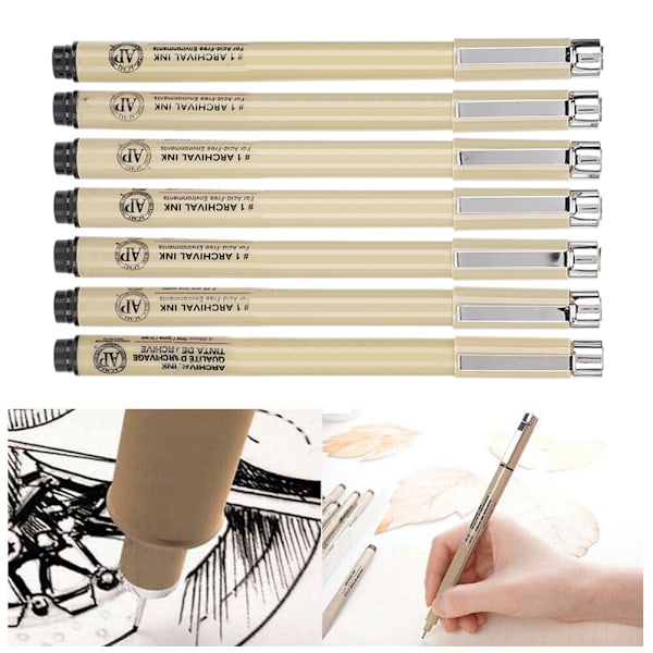 Fineliner Pen Set Vattentät Bleksäker Svart Linje Ritning Konst Serieteckning Skiss Penna 7 st
