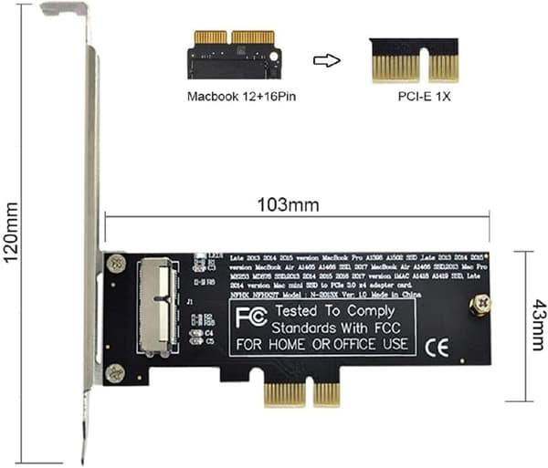 PCI Express PCI-E 1X til 12+16Pin 2013-2017 Mac Pro Air SSD Konverterkort til A1493 A1502 A1465 A1466