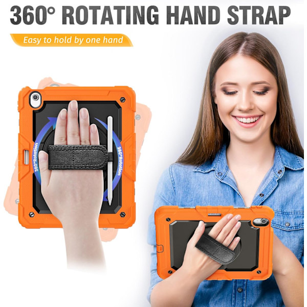 Skal för iPad Air 11 tum (M2 2024), Stötsäker Design med Pennhållare/Skärmskydd/Roterande Handrem, Skyddande Fodral för Orange New iPad Pro 11 2024